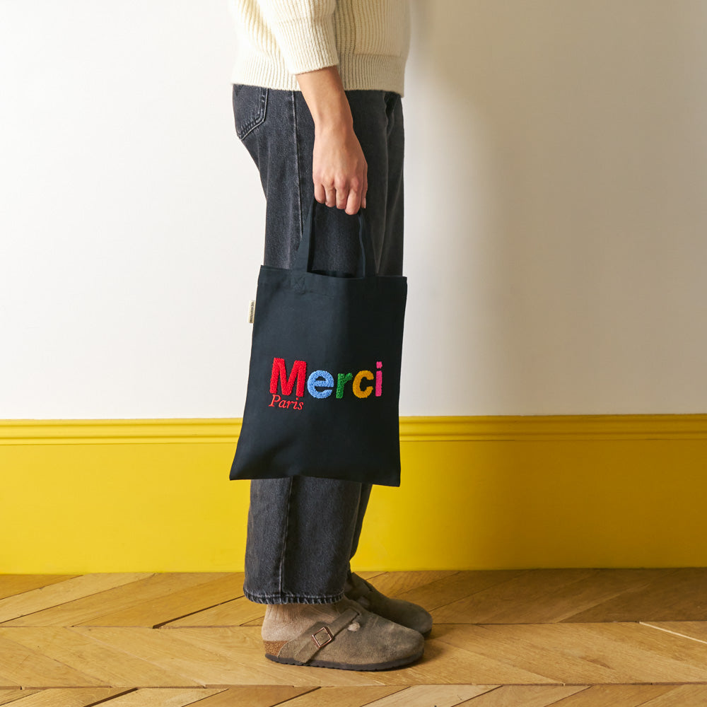 MERCI - TOTE BAG EN COTON BOUCLETTE - NOIR & MULTICOLORE
