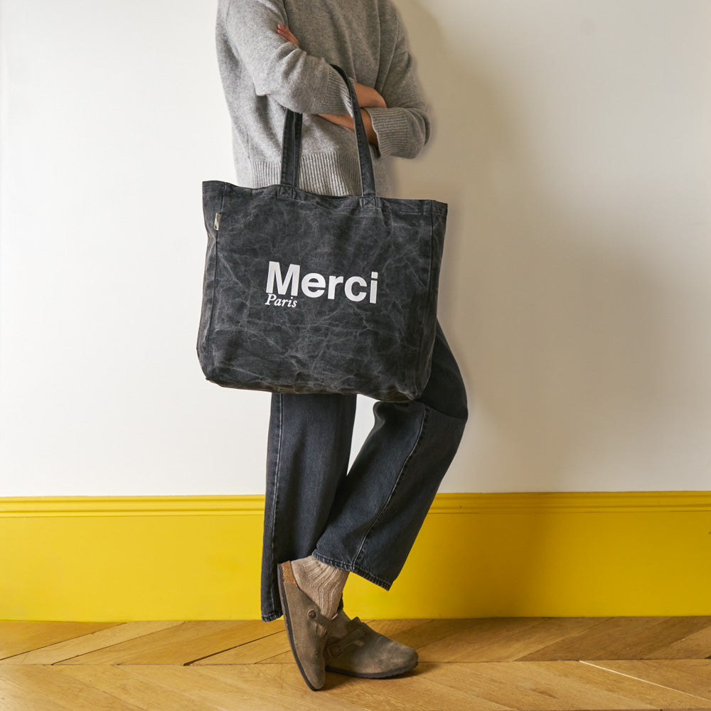 MERCI - TOTE BAG EN COTON MARBLE - NOIR & BLANC