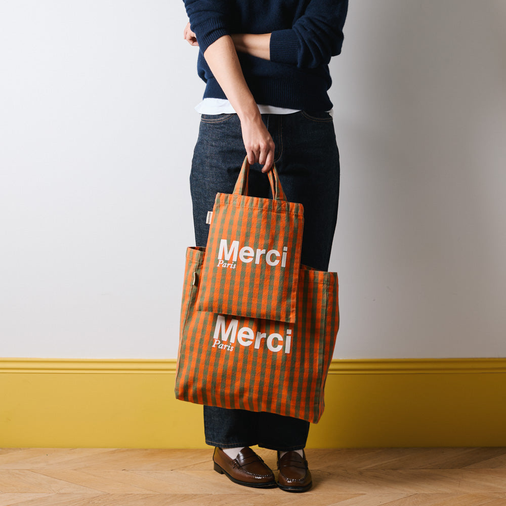 MERCI - TOTE BAG EN COTON - ORANGE, VERT & CRÈME