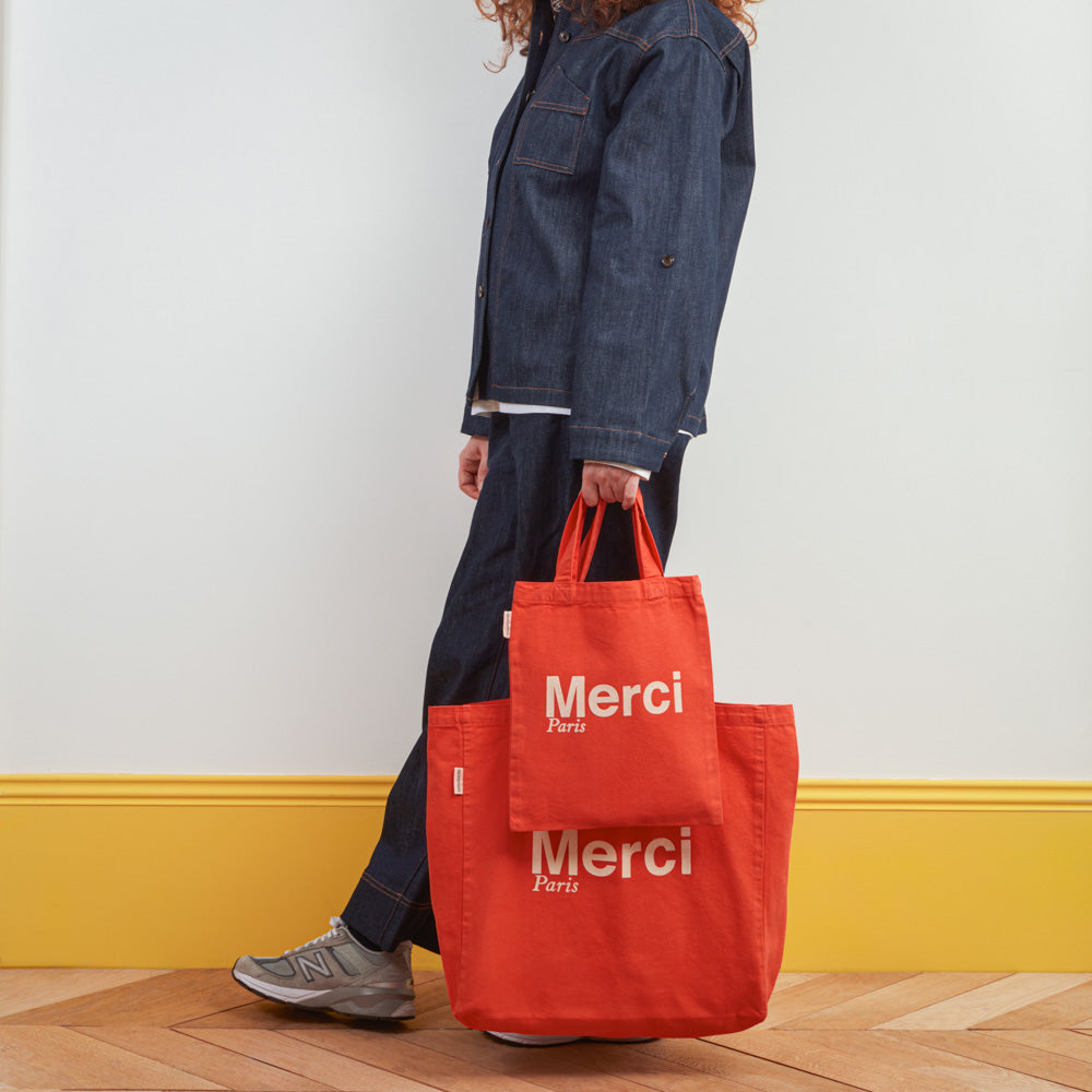 MERCI - TOTE BAG EN COTON - ORANGE & SABLE