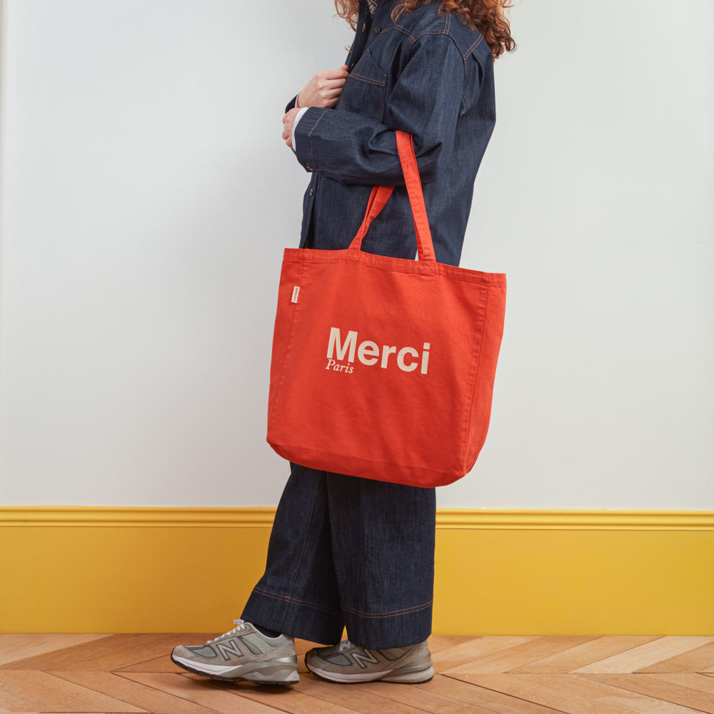 MERCI - TOTE BAG EN COTON - ORANGE & SABLE