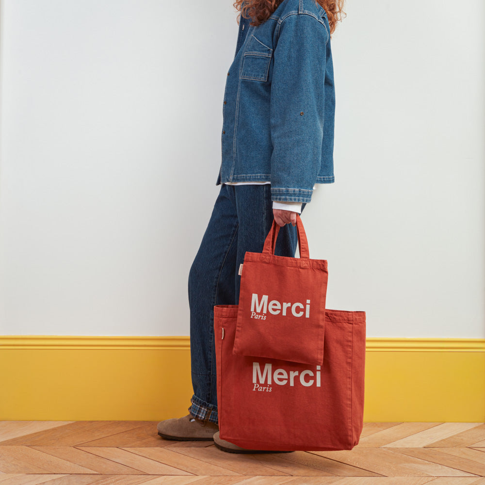 MERCI - TOTE BAG EN COTON - TERRACOTTA & BLANC