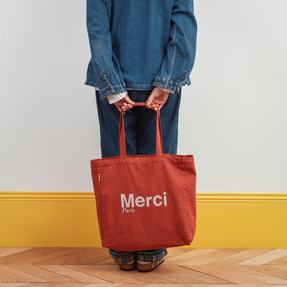 MERCI - TOTE BAG EN COTON - TERRACOTTA & BLANC