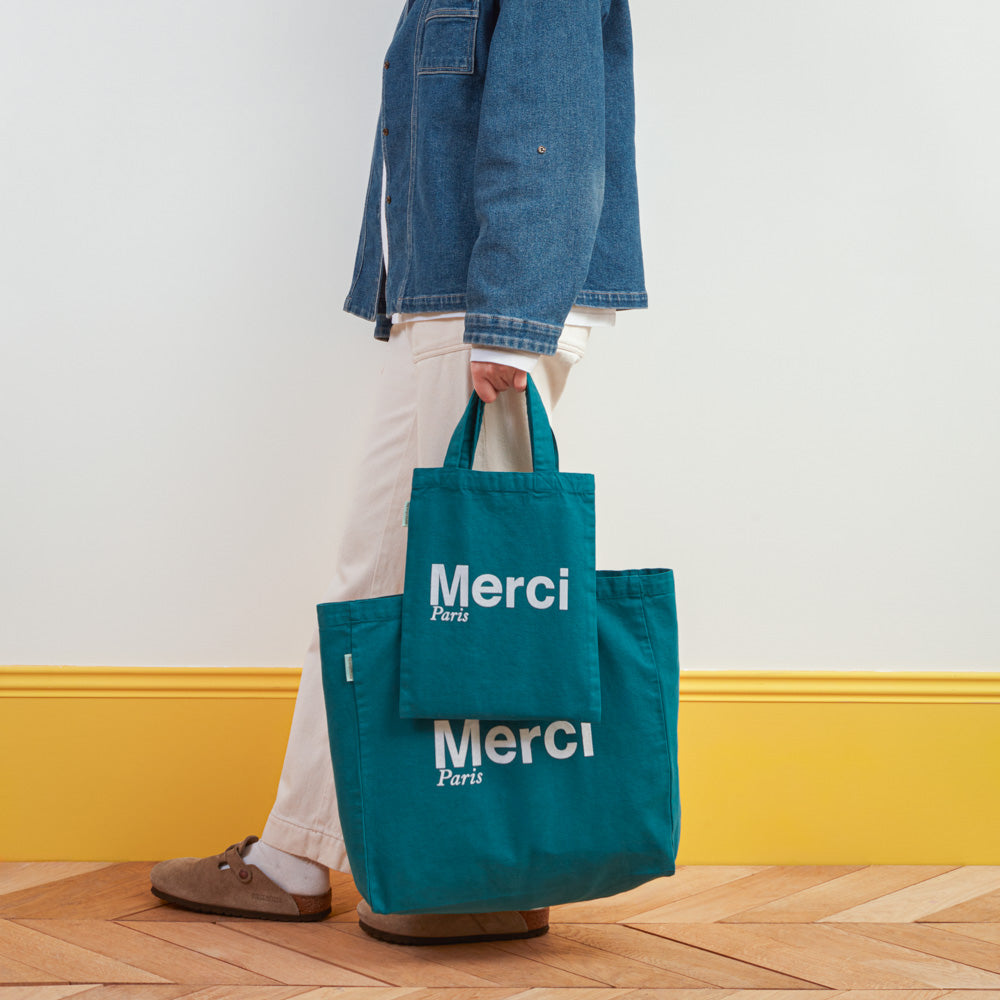 MERCI - TOTE BAG EN COTON - BLEU CANARD & BLANC