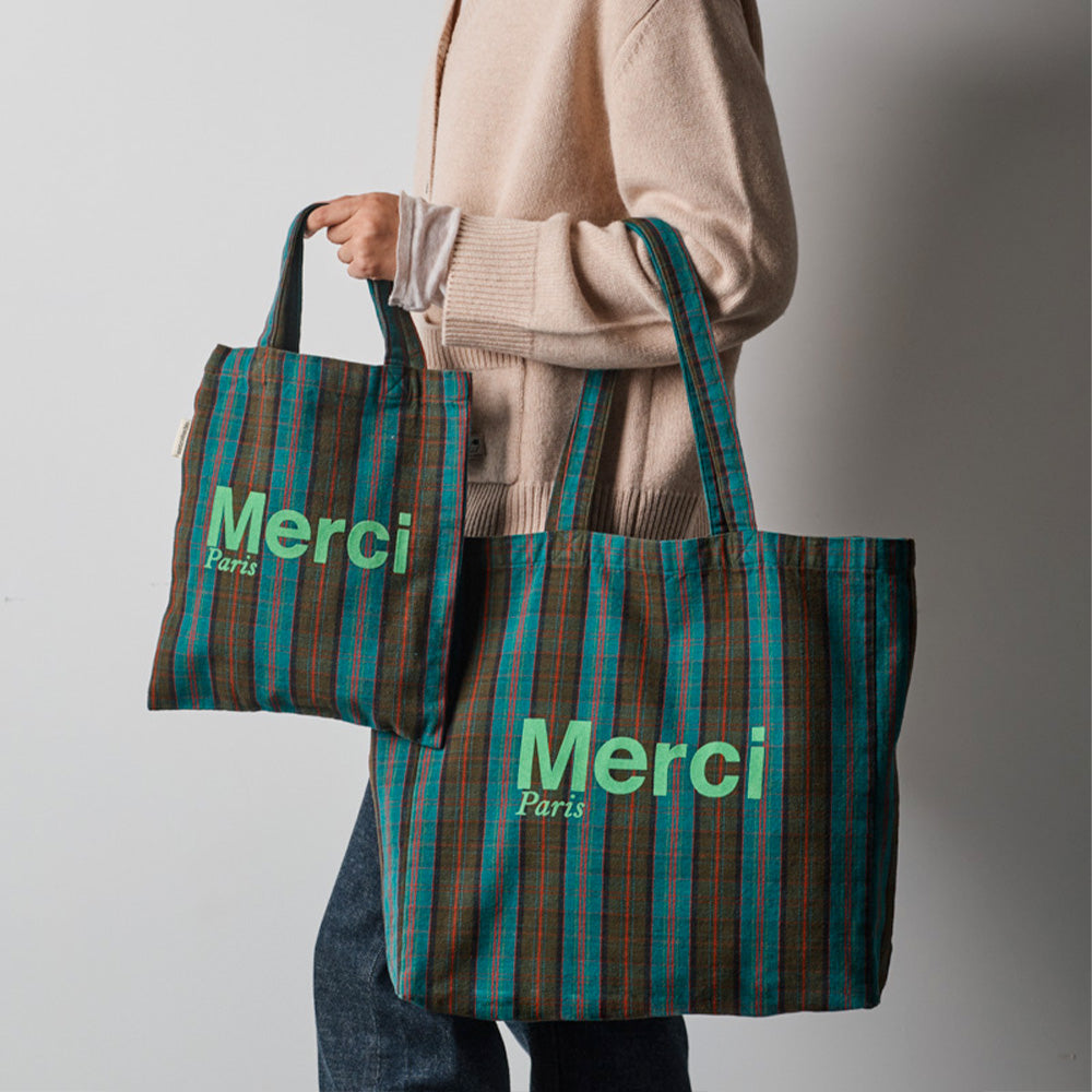 MERCI - TOTE BAG EN COTON - BLEU, MARRON & VERT
