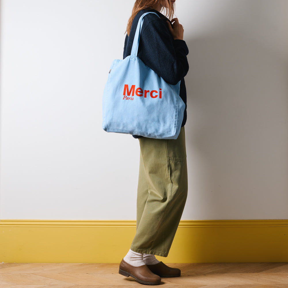MERCI - TOTE BAG EN COTON - BLEU BÉBÉ & ROUGE