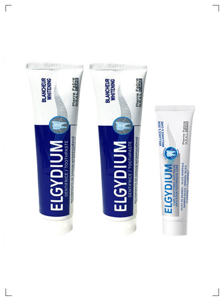 Elgydium WHITENING TOOTHPASTE X 2PCS & BRILLANCE & SOIN SET, ホワイトニング トゥースペースト 2個 ＆ シャイニーケア セット エルギディウム