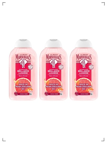 Le Petit Marseillais SHAMPOOING BRILLANCE LUMIERE ZESTE DE PAMPLEMOUSSE BIO, オーガニックシャンプー ピンクグレープフルーツ  3本セット ル プチ マルセイエ