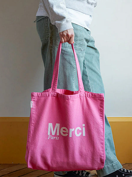 Merci CABAS MERCI PARIS GRANDE TAILLE ROSE&ECRU, ロゴ コットントートバッグ（大） ピンク エクリュ メルシー