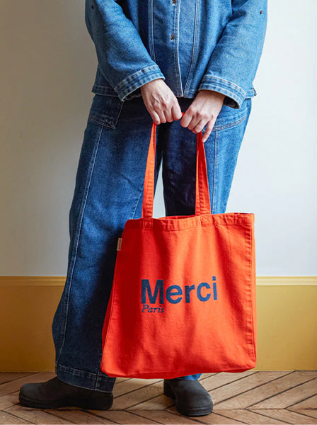 Merci CABAS MERCI PARIS GRANDE TAILLE ORANGE & BLEU MARINE, ロゴ コットントートバッグ（大）オレンジ＆ブルーマリン メルシー