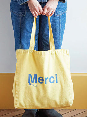 Merci CABAS MERCI PARIS GRANDE TAILLE JAUNE CLAIR & BLEU, ロゴ コットントートバッグ（大）薄黄＆ブルー メルシー