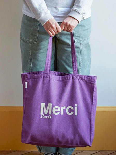 Merci CABAS MERCI PARIS GRANDE TAILLE VIOLET & ECRU, ロゴ コットントートバッグ（大）パープル エクリュ メルシー