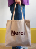 Merci CABAS MERCI PARIS GRANDE TAILLE CREME & BORDEAUX, ロゴ コットントートバッグ（大）クリーム ボルドー メルシー