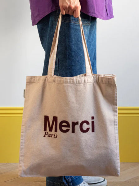 Merci CABAS MERCI PARIS GRANDE TAILLE CREME & BORDEAUX, ロゴ コットントートバッグ（大）クリーム ボルドー メルシー