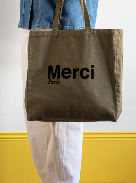 Merci CABAS MERCI PARIS GRANDE TAILLE KAKI & NOIR, ロゴ コットントートバッグ（大）カーキ＆ブラック メルシー