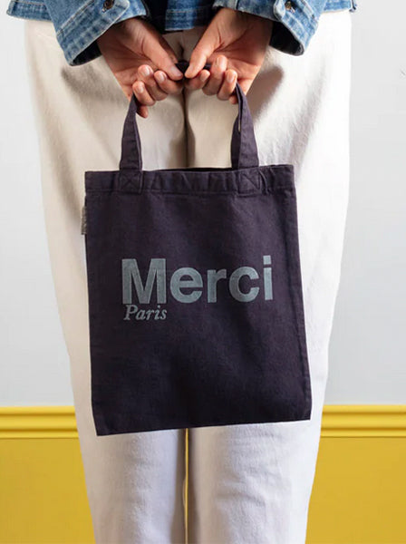 Merci TOTE BAG EN COTON MINI / MARINE, ロゴ ミニトートバッグ マリン メルシー