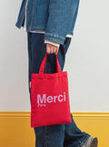 Merci TOTE BAG EN COTON MINI / ROUGE & VIOLET, ロゴ ミニトートバッグ レッド＆パープル メルシー