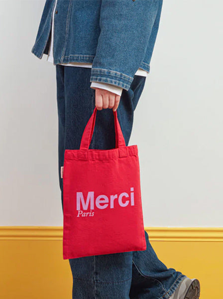 Merci TOTE BAG EN COTON MINI / ROUGE & VIOLET, ロゴ ミニトートバッグ レッド＆パープル メルシー