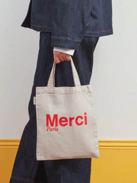 Merci TOTE BAG EN COTON MINI / SABLE & ORANGE, ロゴ ミニトートバッグ サーブル オレンジ メルシー
