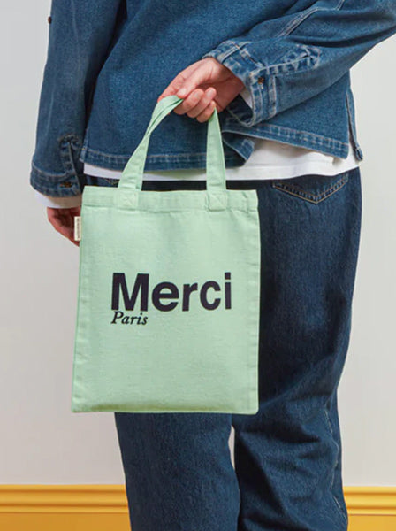 Merci TOTE BAG EN COTON MINI / MINT & BLEU, ロゴ ミニトートバッグ ミントブルー メルシー