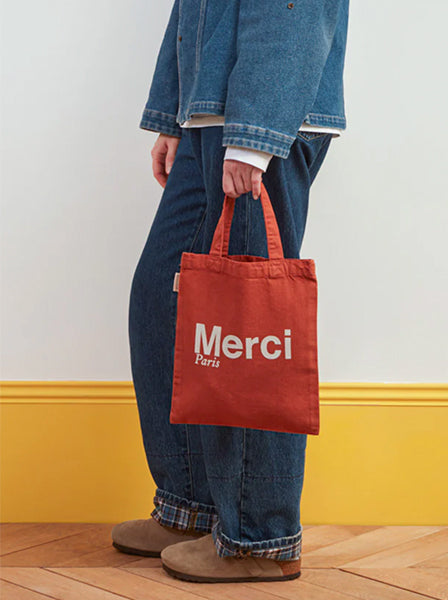 Merci TOTE BAG EN COTON MINI / TERRACOTTA & BLANC, ロゴ ミニトートバッグ テラコッタ ホワイト メルシー