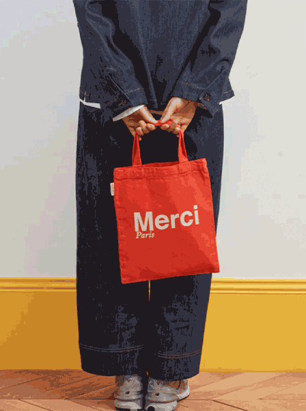 Merci TOTE BAG EN COTON MINI / ORANGE & SABLE, ロゴ ミニトートバッグ オレンジ サーブル メルシー