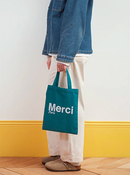 Merci TOTE BAG EN COTON MINI / BLEU CANARD & BLANC, ロゴ ミニトートバッグ ブルー カナール ホワイト メルシー