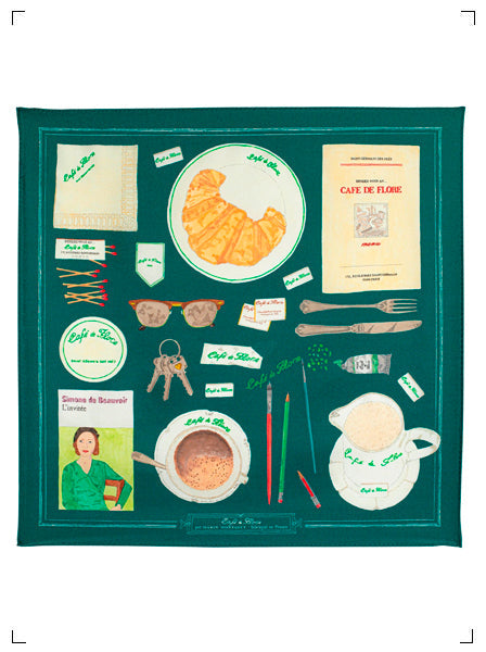 Marin Montagut FOULARD CAFE DE FLORE VERT PETIT, スカーフ カフェ ド フロール グリーン 小 マラン　モンタギュ