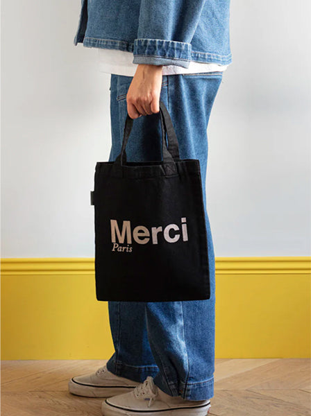 Merci TOTE BAG EN COTON MINI / NOIR & CREME, ロゴ ミニトートバッグ ブラック クリーム メルシー