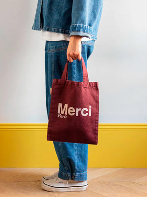 Merci TOTE BAG EN COTON MINI / BORDEAUX & CREME, ロゴ ミニトートバッグ ボルドー クリーム メルシー