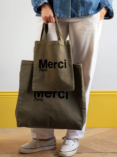 Merci TOTE BAG EN COTON MINI / KAKI & NOIR, ロゴ ミニトートバッグ カーキ ブラック メルシー
