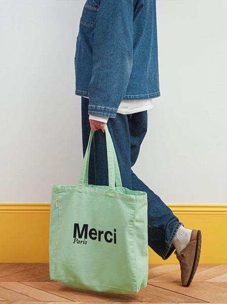 Merci CABAS MERCI PARIS GRANDE TAILLE MINT & BLEU, ロゴ コットントートバッグ（大）ミント ブルー メルシー