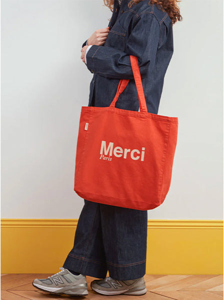 Merci CABAS MERCI PARIS GRANDE TAILLE ORANGE & SABLE, ロゴ コットントートバッグ（大）オレンジ サーブル メルシー