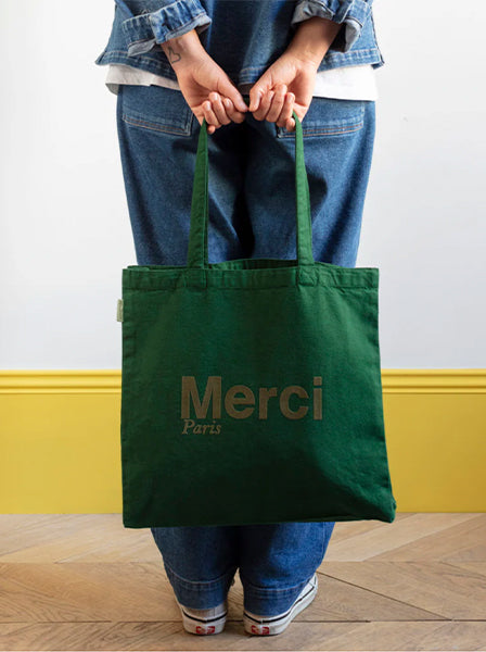 Merci CABAS MERCI PARIS GRANDE TAILLE VERT, ロゴ コットントートバッグ（大）グリーン メルシー