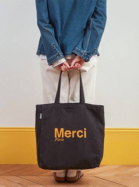 Merci CABAS MERCI PARIS GRANDE TAILLE NOIR & JAUNE, ロゴ コットントートバッグ（大）ブラック イエロー メルシー