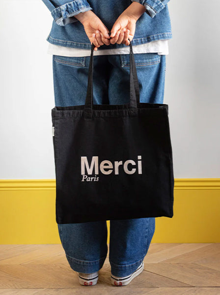 Merci CABAS MERCI PARIS GRANDE TAILLE NOIR & CREME, ロゴ コットントートバッグ（大）ブラック クリーム メルシー