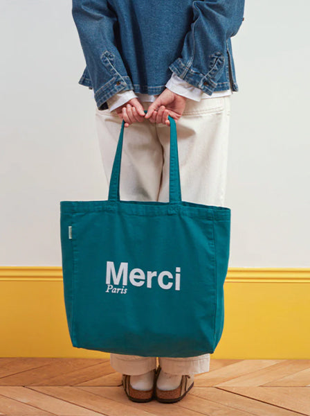 Merci CABAS MERCI PARIS GRANDE TAILLE BLEU CANARD & BLANC, ロゴ コットントートバッグ（大）ブルー カナール ホワイト メルシー