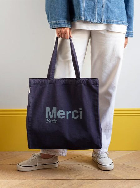 Merci CABAS MERCI PARIS GRANDE TAILLE MARINE, ロゴ コットントートバッグ（大）マリン メルシー