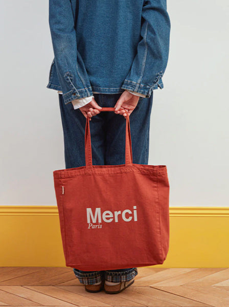 Merci CABAS MERCI PARIS GRANDE TAILLE TERRACOTTA & BLANC, ロゴ コットントートバッグ（大）テラコッタ ホワイト メルシー