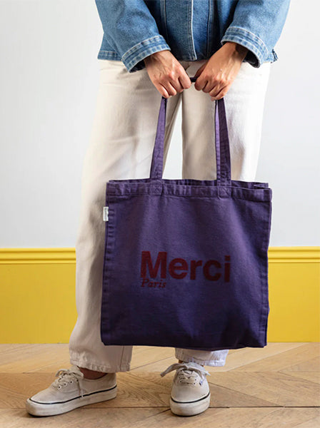 Merci CABAS MERCI PARIS GRANDE TAILLE VIOLET & BORDEAUX, ロゴ コットントートバッグ（大）パープル ボルドー メルシー