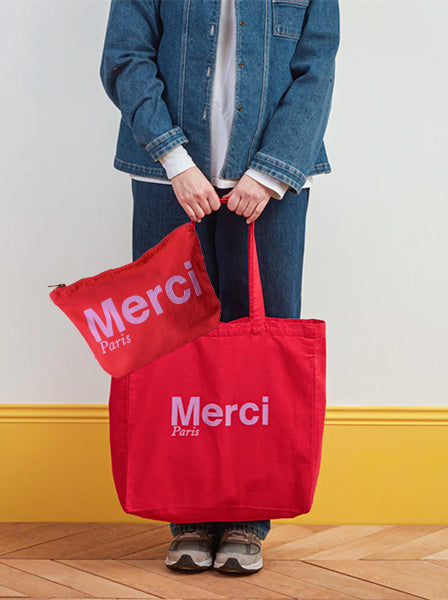 Merci TOTE BAG GRAND ET POCHETTE SET, トートバッグ（大）＆ポーチ セット メルシー