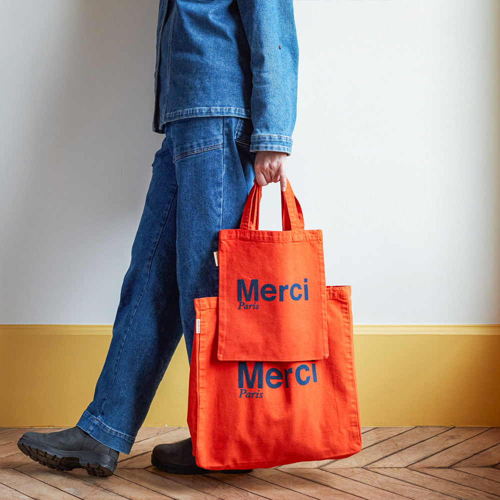 MERCI - TOTE BAG EN COTON - ORANGE & BLEU MARINE