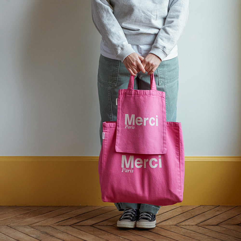 MERCI - TOTE BAG EN COTON - ROSE & ÉCRU