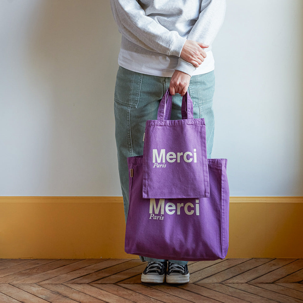 MERCI - TOTE BAG EN COTON - VIOLET & ÉCRU