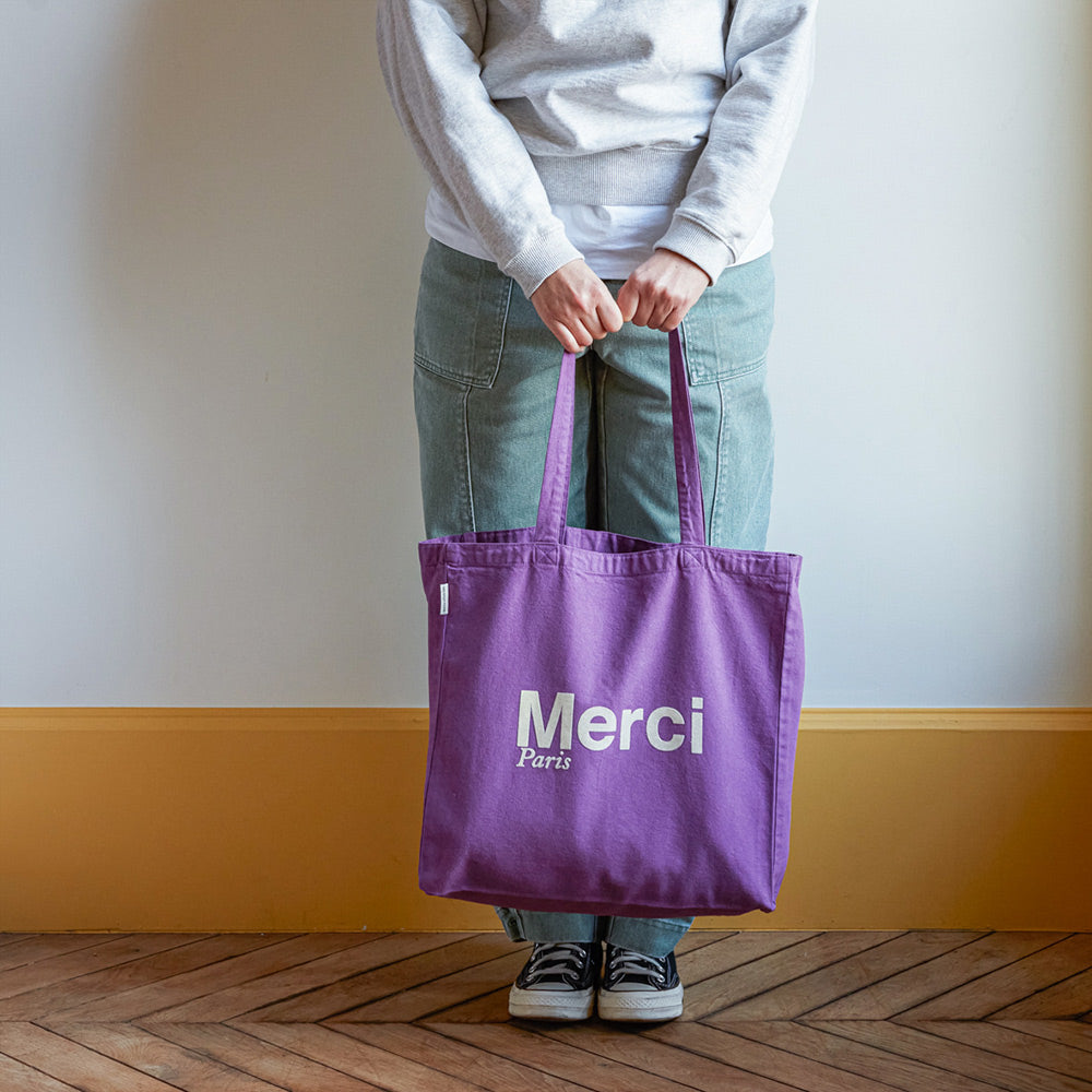 MERCI - TOTE BAG EN COTON - VIOLET & ÉCRU