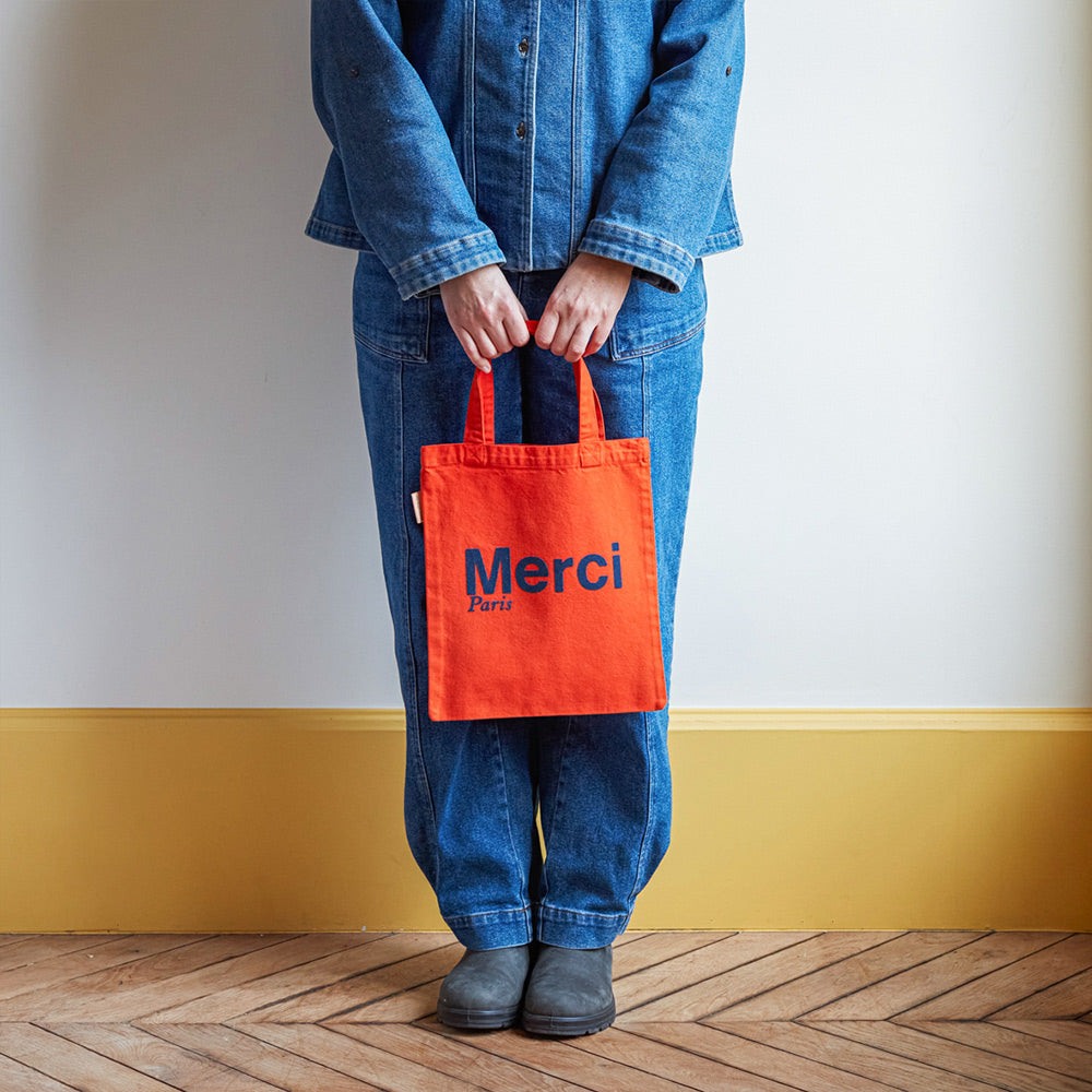 MERCI - TOTE BAG EN COTON - ORANGE & BLEU MARINE