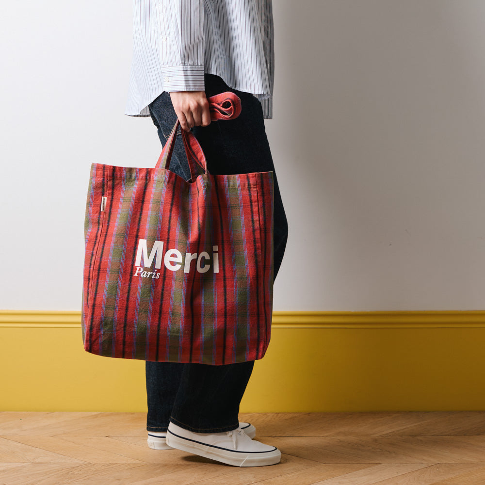 MERCI - TOTE BAG EN COTON - ROSE, VERT & CRÈME