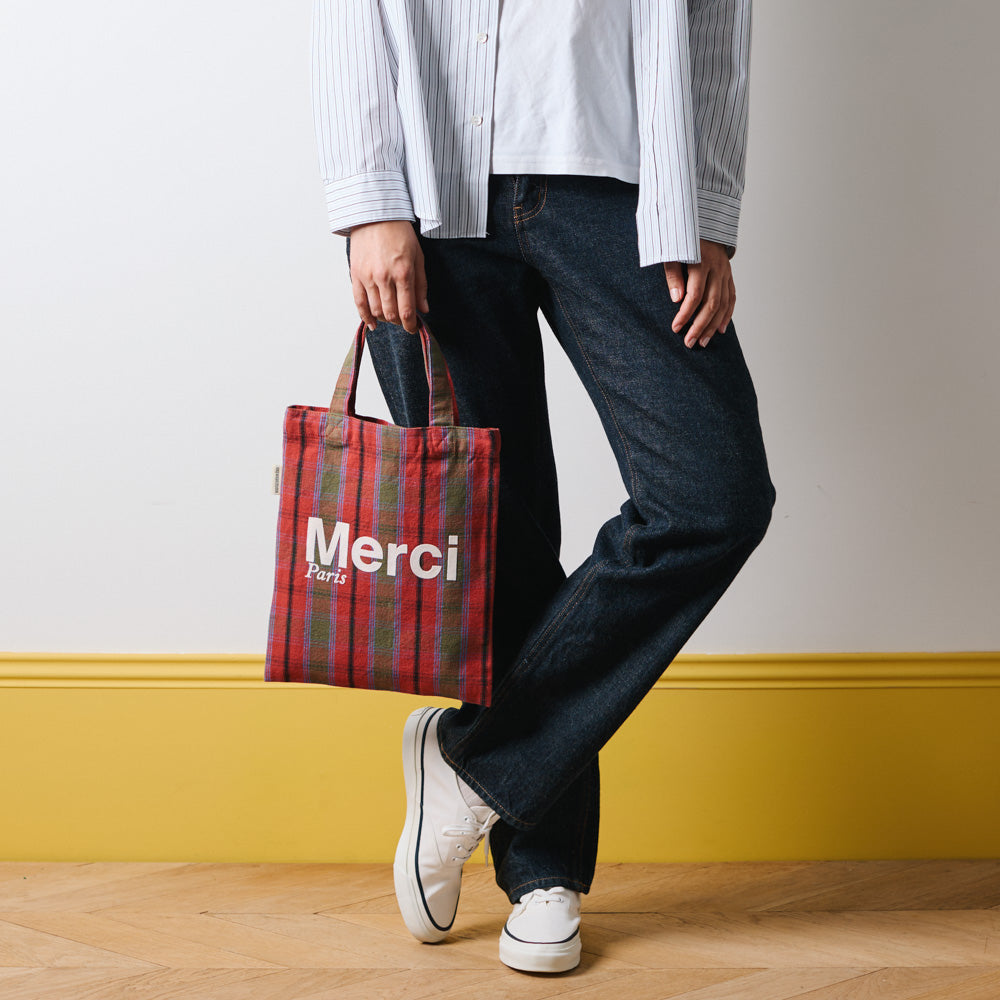 MERCI - TOTE BAG EN COTON - ROSE, VERT & CRÈME