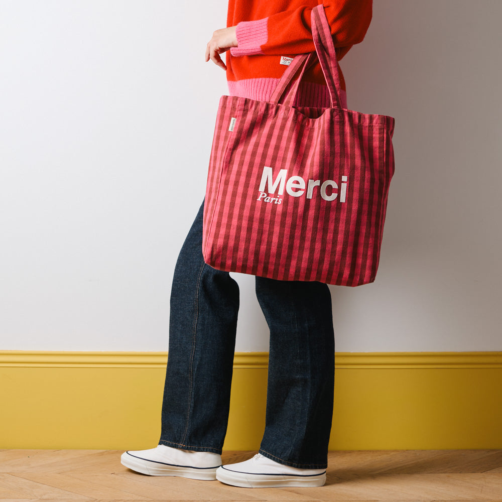 MERCI - TOTE BAG EN COTON - ROSE, VIN & CRÈME