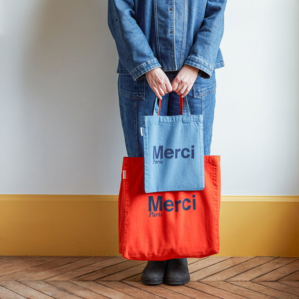 MERCI - TOTE BAG EN COTON - ORANGE & BLEU MARINE